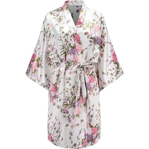 Womens Floral White Robes Silk Satin Wrap Kimono Bathrobes Bridesmaid Wedding Party Lightweight Nightgown