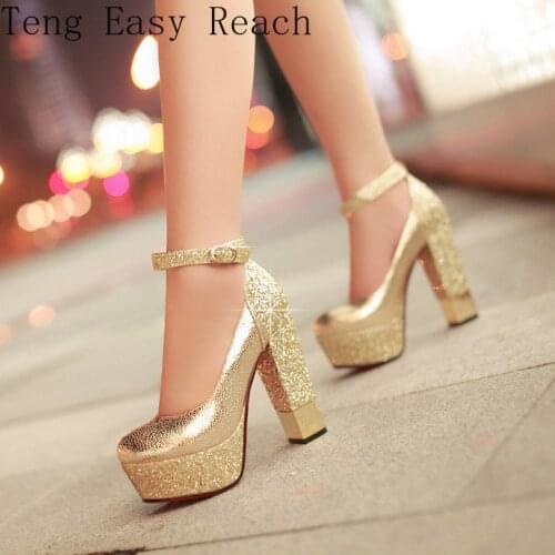 Womens Fashion Gold Silver Sequined High Heels Sexy Platform Ankle Strap High Quality Pumps Party Spring Autumn Shoes Women 43