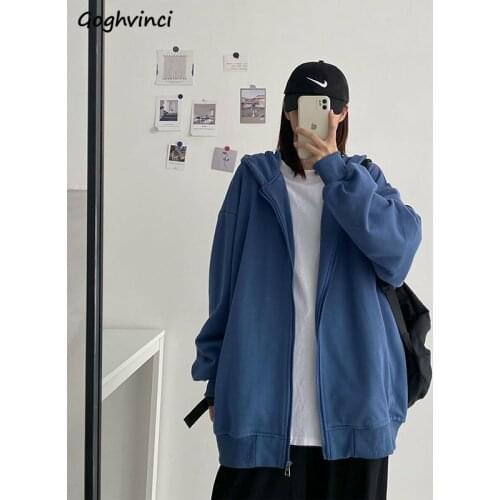 Women with Hat Hoodies New Autumn Solid Loose Harajuku Leisure Zip-up Student Tops Fashion Pocket Couple Simple Sweatshirts Chic