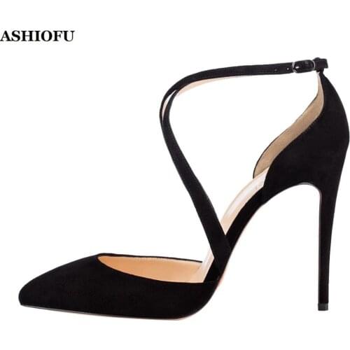 ASHIOFU Hot Sale Handmade Ladies High Heel Pumps Faux-suede Party Prom Dress Shoes Cross-straps Evening Fashion Court Shoes