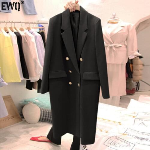 [EWQ] Double Breasted Long Sleeve Trend Coat Feminino Office Lady Long Blazer Notched Unique Clothing Simple Women Overcoats 116