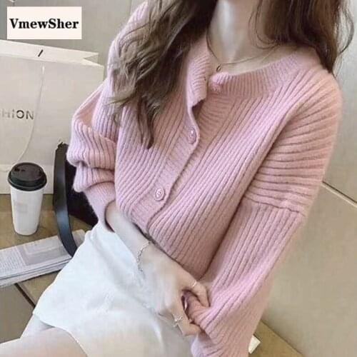 VmewSher New Spring Cardigan Sweater Women O Neck Long Sleeve Solid Female Vintage Strip Knitted Tops Autumn Knitwear Outwear