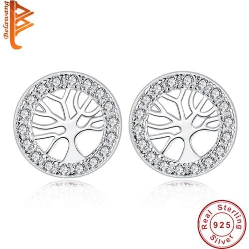 BELAWANG Wholesale Authentic 925 Sterling Silver Family Tree Round Shiny Crystal Earrings For Women Wedding Fashion Jewelry Gift