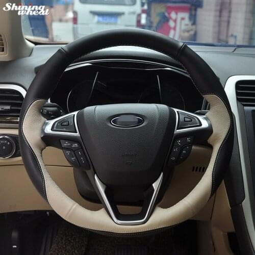 Shining wheat Hand-stitched Black Beige Leather Steering Wheel Cover for Ford Fusion Mondeo 2013 2014