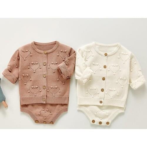 Newborn Baby Girls Sets Spring Autumn Toddler Girls Long Sleeve Love Coat Knitted Cardigan Kids Cotton Casual Sling Bodysuit