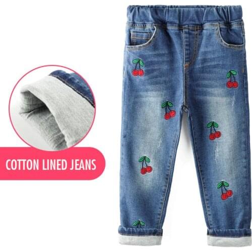 2018 Baby Kids Cotton Lined Warm Winter Jeans For Girls Cherry Embroidered Denim Long Pants Toddler Children Trousers Leggings