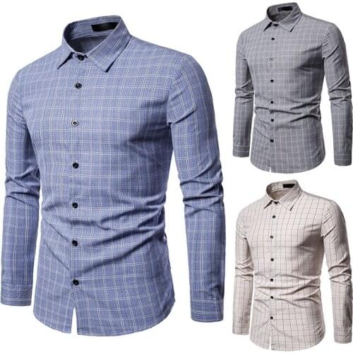 Mens Plaid Shirt Long Sleeve Turn Down Collar Cardigan Striped Shirt Casual Single-Breasted Slim Type Tops