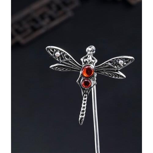 Chinese Court 925 Sterling Silver Hair Stick Pearl Dragonfly Hairpin Women Luxury Vintage Jewelry