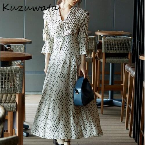 Kuzuwata Japanese 2021 autumn women robes sweet temperament vestidos V neck puff sleeve print high waist drawstring dresses