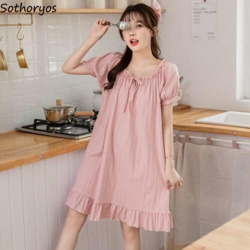 Summer Sweet Nightgowns Women Loose Solid Puff Sleeve Ruffles Sleepshirts Ladies Casual Japanese Style Comfortable Homewear Chic