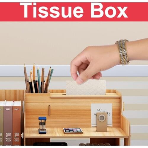 Multi-function Desktop Organizer Wooden Storage Box Office File Tray Adjustable Wood Display Shelf Tissue Holder with Drawer