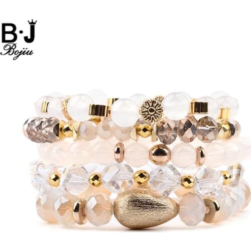 BOJIU 5 Pcs/Set Multilayer Women Charm Bracelets Faceted Crystal Round Pear Acrylic Copper Nuggets Rondelle Bracelets BCSET249