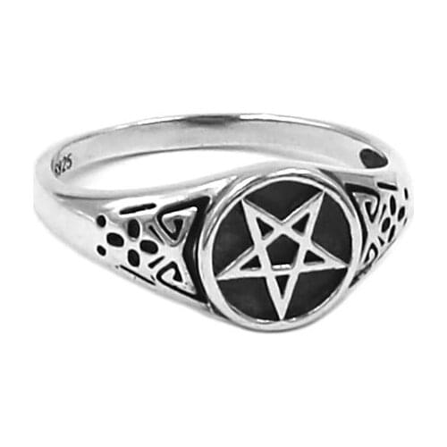 Fashion S925 Sterling Silver Pentacle Ring Viking Norse Pentagram Star Biker Wedding Men Women Ring Finger Ring SWR0948