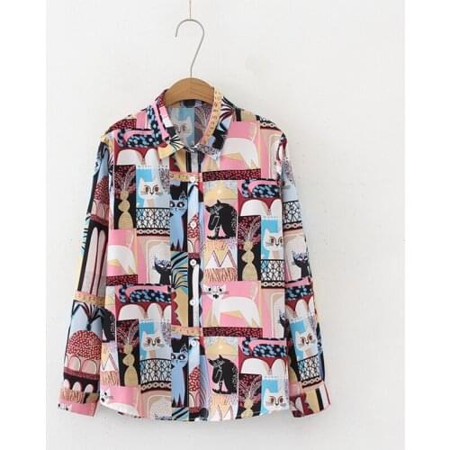 Fashion Stylish Women Vintage Contrast Color Chiffon Shirt Long Sleeve Loose Chiffon Blouse Casual Harajuku Cats Cartoon Tops
