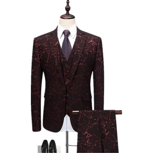 Mens suit high-end mens gentleman print slim suit banquet ball suit 3-piece suit blaze with pants and vest set