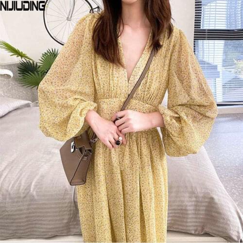 New Womens Floral Deep V NeckChiffon Long Dress 2020 Spring Autumn Long Puff Sleeve Dresses Femee Evening Party Vestidos Mujer