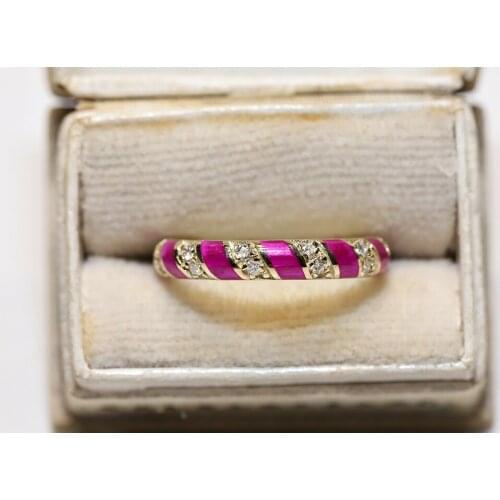 ORIGINAL 14K GOLD NATURAL DIAMOND DECORATED PRETTY ENAMEL DECORATED RING