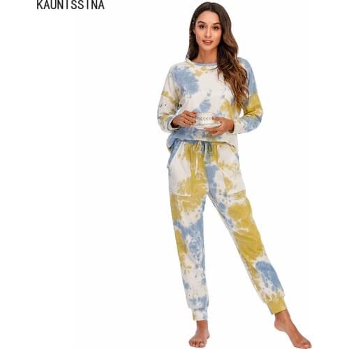 Autumn Tie Dye Pajama Set Women Sleepwear O Neck Long Sleeve Tops Loose Elastic Waist Pants Pajamas Home Lounge Wear Suits