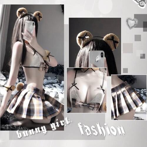 Sexy School Girl Cute Bear JK Miniskirt Three-Point Obediently Bear Women Erotic Nightgown Mesh Plaid Maid Anime Cosplay Costume
