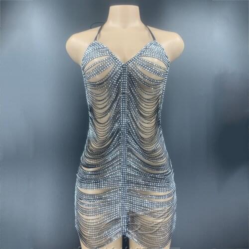 Sexy Black Transparent Elastic Hollow Dress Rhinestone Tassel Short Dress Stage Performance Costume Festival Clothing XS2554