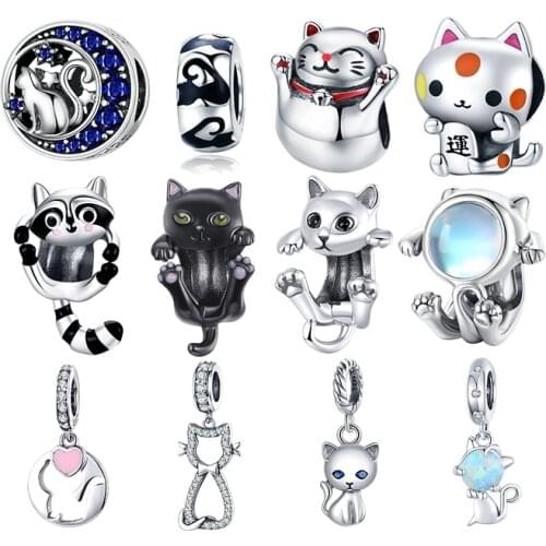 WOSTU Authentic 925 Sterling Silver Cute Cat Kitty Beads Charms Pendant Fit Bracelet Women Party Fashion DIY Jewelry Gift Making