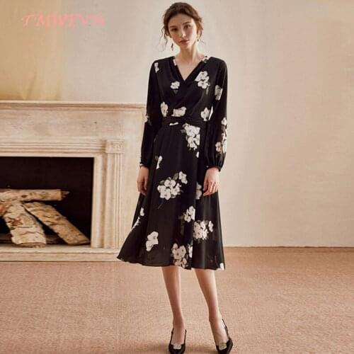 TMWEVN Women Casual V Neck Long Sleeves A Line Midi Dress Fashion Floral Print With Belt Office Lady Vestidos Big Hemline