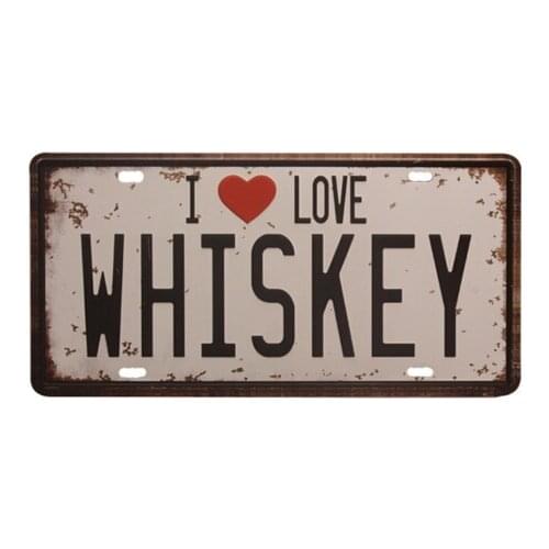 Vintage Car License Plate Tin Sign Decor Metal Bar Beer Poster I Love Whiskey 15x30CM