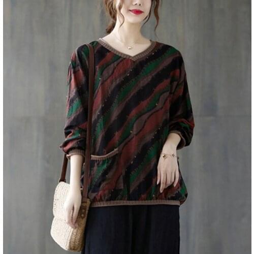 Women Long Sleeve Cotton T-shirts New Arrival 2021 Autumn Vintage V-neck Striped Loose Comfortable Female Casual Tops Tees B1105