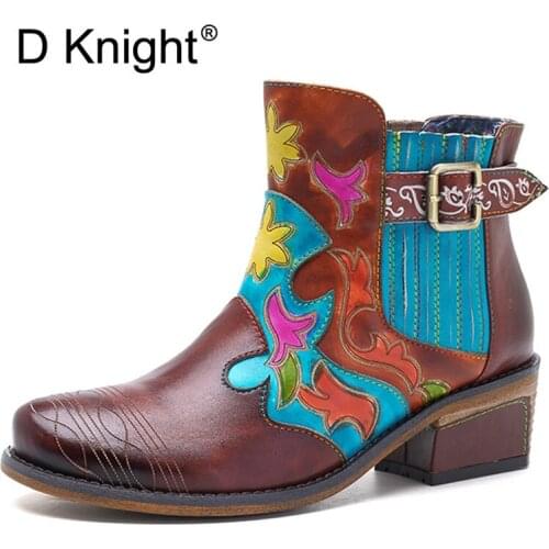 New Genuine Leather High Heels Lady Boots American Style Cowboy Ankle Boots For Woman Handmade Vinatge Western Boots Shoes Woman