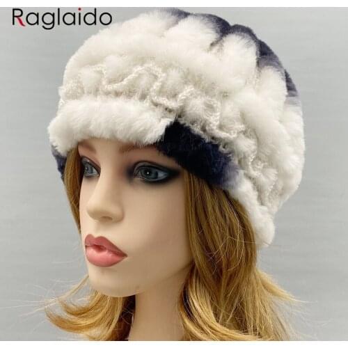 Rex Rabbit Fur Hats for Women Winter Warm Stylish Knitted Warm Beanies Female Girls Headwear