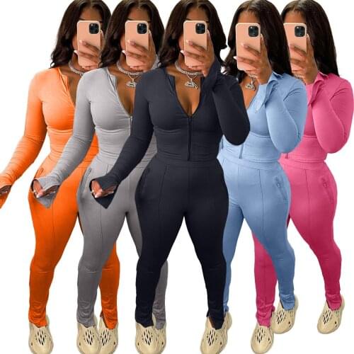 Women Sporty Two Piece Set Autumn Casual Solid Long Sleeve Zippers Hooded Jacket Flare Swaetpants Suit Fitness Joggers Tracksuit