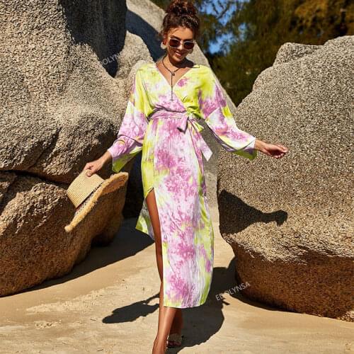 2021 Boho Tie-dye Printed Women Beach Dress Bathing Suit Cover Up Summer Tunic For Woman Beachwear Robe de plage Kaftan A923