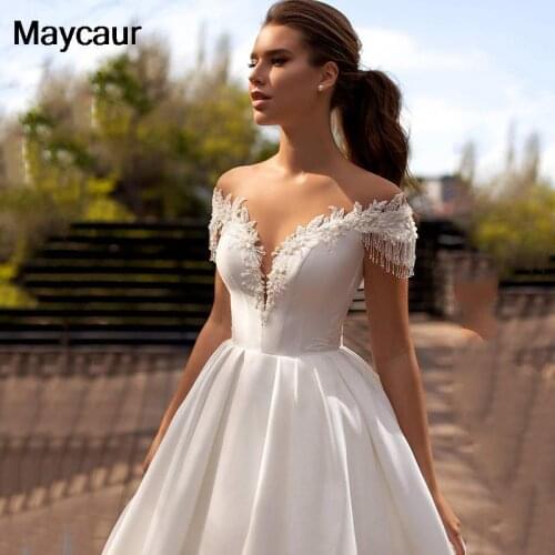 Simple Satin Wedding Dresses Beads Vestido de Noiva Princess Bride Dresses 2021 Court Train Cap Sleeve Wedding Gowns Cheap
