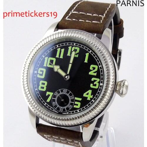 44mm black dial green marks leather strap 6498 hand winding movement mens wrist watch 152