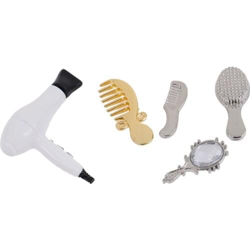 5pcs/Set 1/12 Dollhouse Miniature Practical Bathroom Accessories Comb Hair Dryer Mirror Model Building Kits Kids Toys