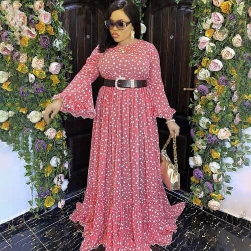 African Long Dresses For Women With Belt 2 Piece Set Flare Sleeve Robes Fashion New Dot Print Chiffon African Office Lady Dress