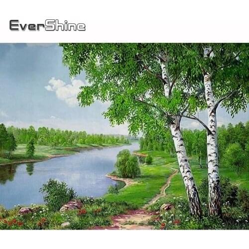 Evershine 5D Diamond DIY Mosaic Landscape Diamond Painting Birch Trees Full Set Diamond Embroidery River Pictures Of Rhinestone