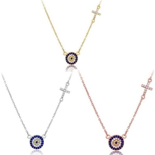 2016 micro pave cz disco evil eye cross charm 925 sterling silver chains fashion girls silver necklace beautiful