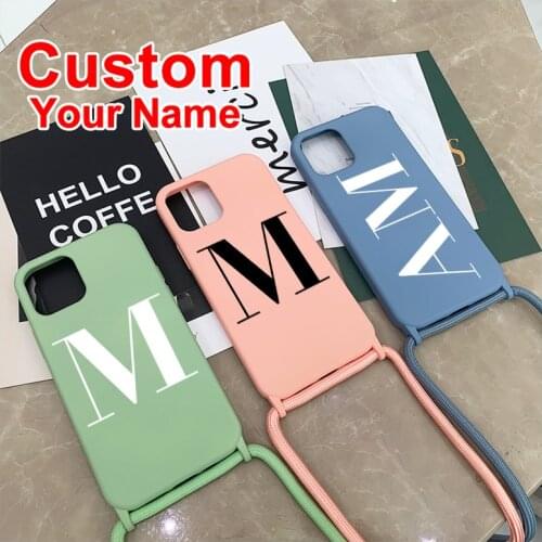Custom Initial letter Phone Case For iPhone 11 12 Pro 7 8 Plus X XR XS Max With Rope Soft Portable Liquid Silicone Cover Gift