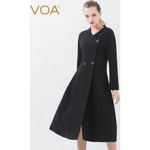 VOA Silk 60m/m Black Sky V-neck Shoulder-Long-Sleeve San Li Kou Crisp Draping Guo Yi-Long Windbreaker F582