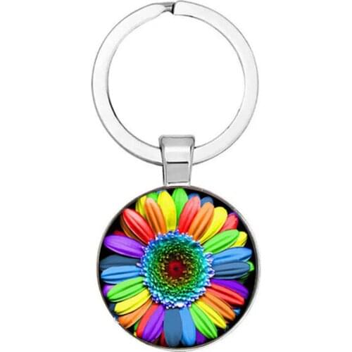 Colorful Rainbow Flower Button Flag Crystal Fashion Keychain Jewelry Wholesale Fashion Silver MenS Car Keychain