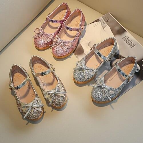 Spring Autumn Girls Shoes Bling Princess Shoes Children Silver Wedding Flower Girls Dance Party Shoe Kids Bowtie Mary Janes Shoe