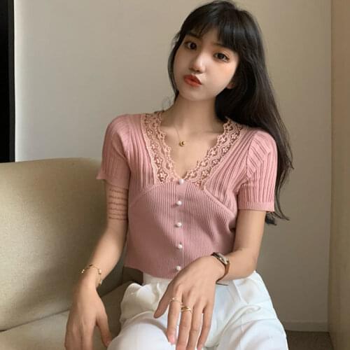 Woman TShirts Womens Lace V-neck Patchwork Short-Sleeved Sweater Summer 2021 Top Crop Top Mujer Camisetas