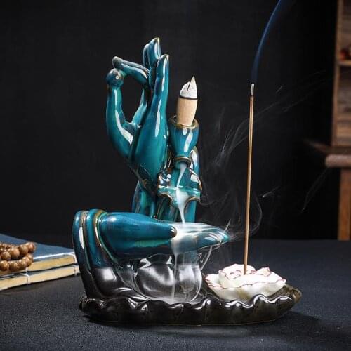 Chinese Style Handmade Ceramic Crafts Use In Home Yoga Room Buddha Ceramic Backflow Incense Burner Smoke Waterfll Incense Burner
