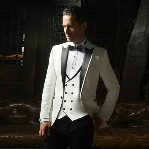 Slim Fit Costume Homme Latest Black Peak Design Ivory Men Suits for Wedding Groom Tuxedos 3Piece Custom Made Terno Masculino