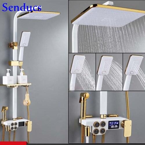 White Gold Digtal Shower Set Quality Brass Bathroom Faucets Square Rainfall Shower Head Black Bronze Bathroom Shower System