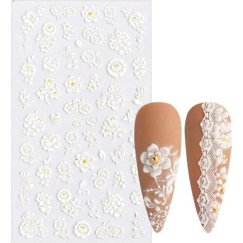 Nail Sticker Lace Design 5D Engraved Nail Art Decoration Manicure White Rose Flower Tips Butterfly Sticker for Female