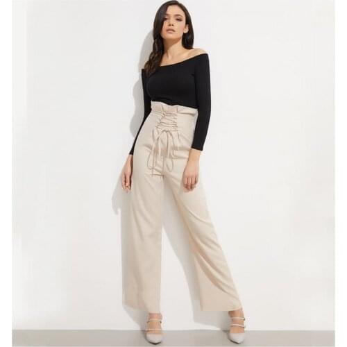 2021 New Hot-Selling High-Waist Wide-Leg Pants Womens European and American Elegant Ruffled Lace-Up Trousers