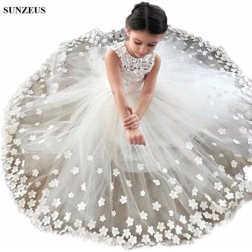 New Arrival Flowers Party Dress For Childern A-line Tank Long Ivory Tulle Floral Flowers Girls Dresses For Wedding FLG003