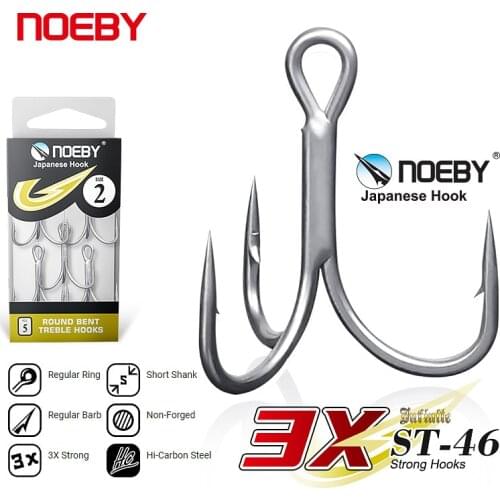 Noeby 4/5PCS 3X Strong Fishing Hooks High Carbon Steel Material Saltwater Round Bent Treble Hook for Sea Bass Fishing Tackle